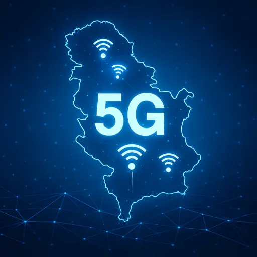 Ilustracija razvoja 5G mreže u Srbiji sa prikazom signala i baznih stanica na mapi zemlje