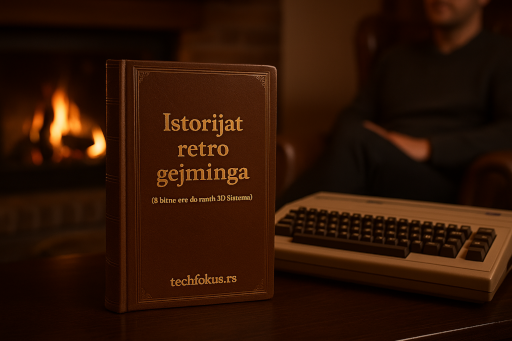 Knjiga u kožnom povezu sa natpisom "Istorijat retro gejminga (8-bitne ere do ranih 3D sistema)" stoji uspravno na stočiću ispred kamina sa upaljenom vatrom