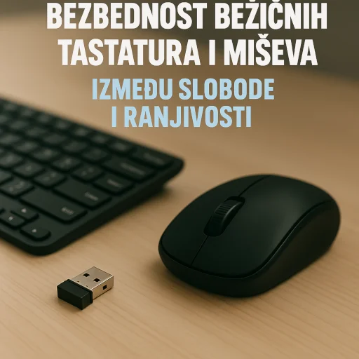 Bežični miš, tastatura i USB prijemnik na drvenoj površini – bezbednosna dilema