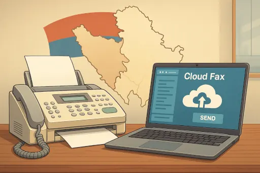 Digitalna ilustracija prikazuje tradicionalnu faks mašinu i moderni cloud faks interfejs, simbolizujući prelazak sa analogne na digitalnu komunikaciju u Srbiji