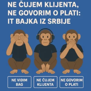 Tri majmuna kao IT simboli: ne vidim bag, ne čujem klijenta, ne govorim o plati