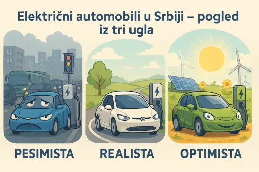Ilustracija tri lika: pesimista zabrinut, realista neutralan, i optimista nasmejana, simbolično prikazuju tri različita stava