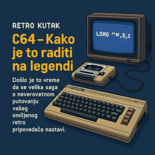 Piksel-art prikaz Commodore 64 sa kasetofonom i retro ekranom koji učitava LOAD komandu