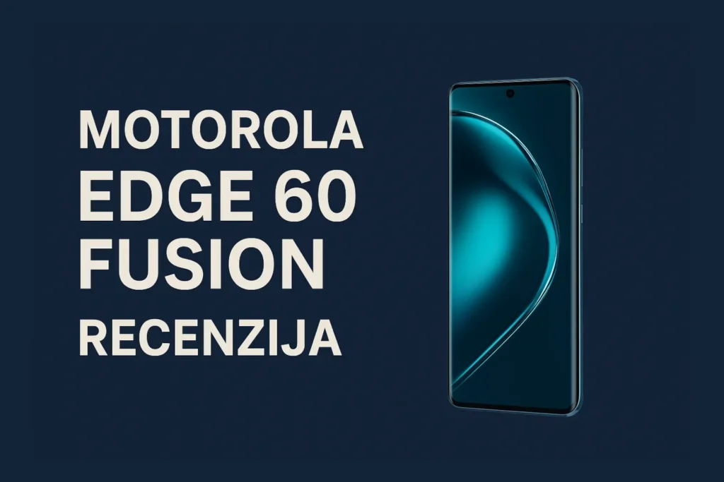 Digitalna grafika sa prikazom Motorola Edge 60 Fusion telefona i natpisom recenzije na tamnoj pozadini