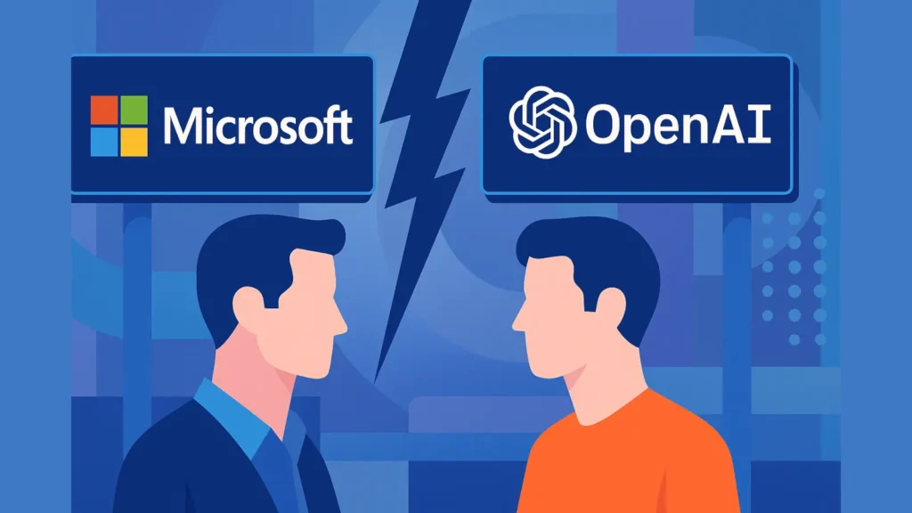 Ilustracija saradnje između Microsofta i OpenAI sa modernim grafičkim stilom