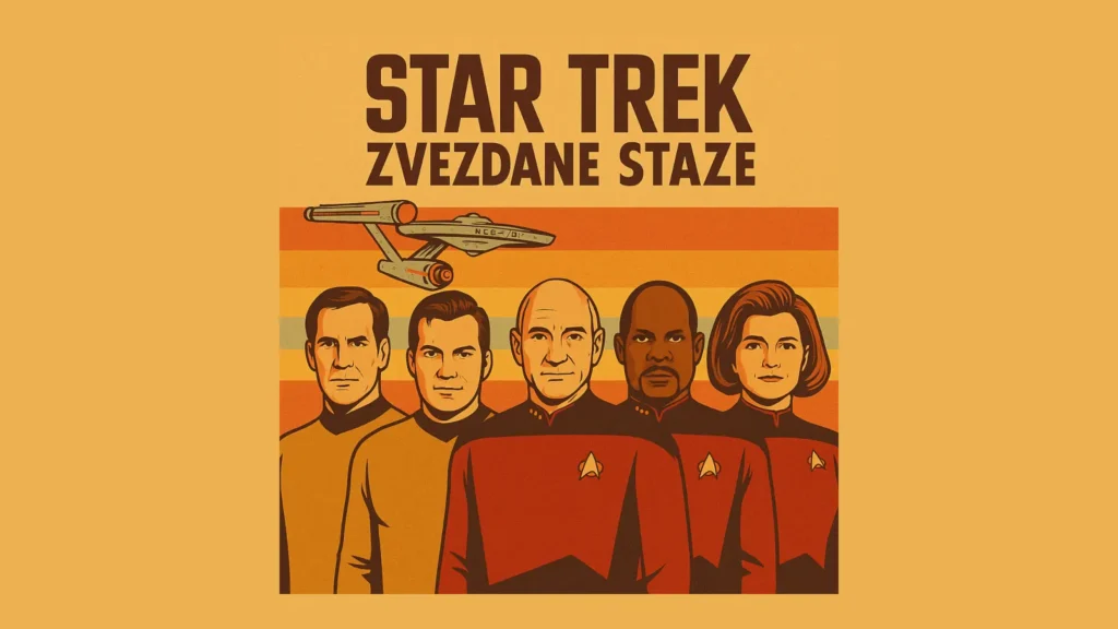 Pet Star Trek kapetana u retro stilu iz 70-ih i 80-ih, stoje jedan pored drugog
