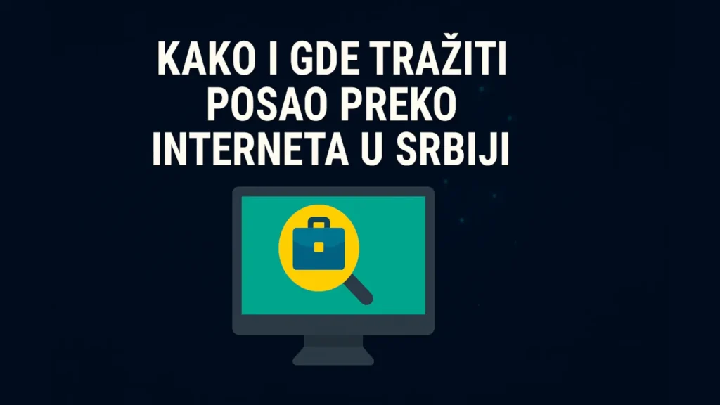 Ilustracija online traženja posla u Srbiji – monitor sa ikonom poslovne torbe