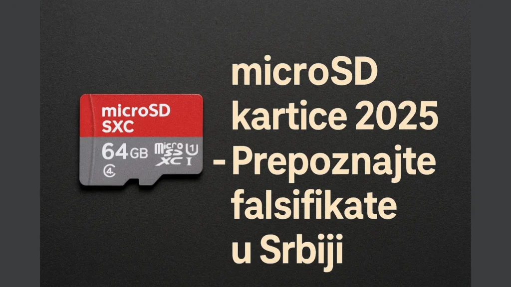 microSD kartica sa upozorenjem o falsifikatima i natpisom "microSD kartice 2025 – Prepoznajte falsifikate u Srbiji