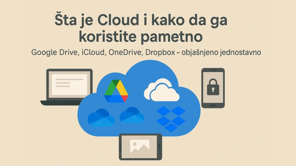 Ilustracija cloud skladišta sa logotipima Google Drive, iCloud, OneDrive i Dropbox, uz uređaje i tekst na srpskom jeziku