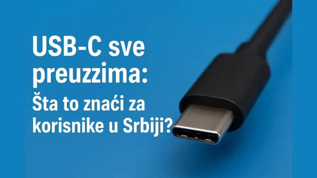 USB-C konektor na plavoj podlozi sa tekstom "USB-C sve preuzima: Šta to znači za korisnike u Srbiji?