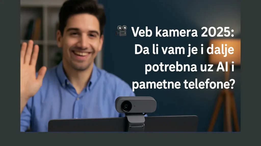 Muškarac koristi veb kameru tokom video poziva sa tekstom: Veb kamera 2025 – Da li vam je i dalje potrebna uz AI i pametne telefone?