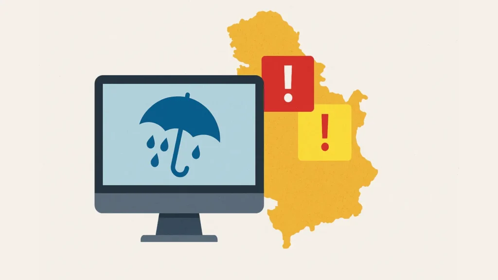 Stilizovani računar sa simbolom kišobrana ispred mape Srbije sa crvenim i žutim meteo alarmom