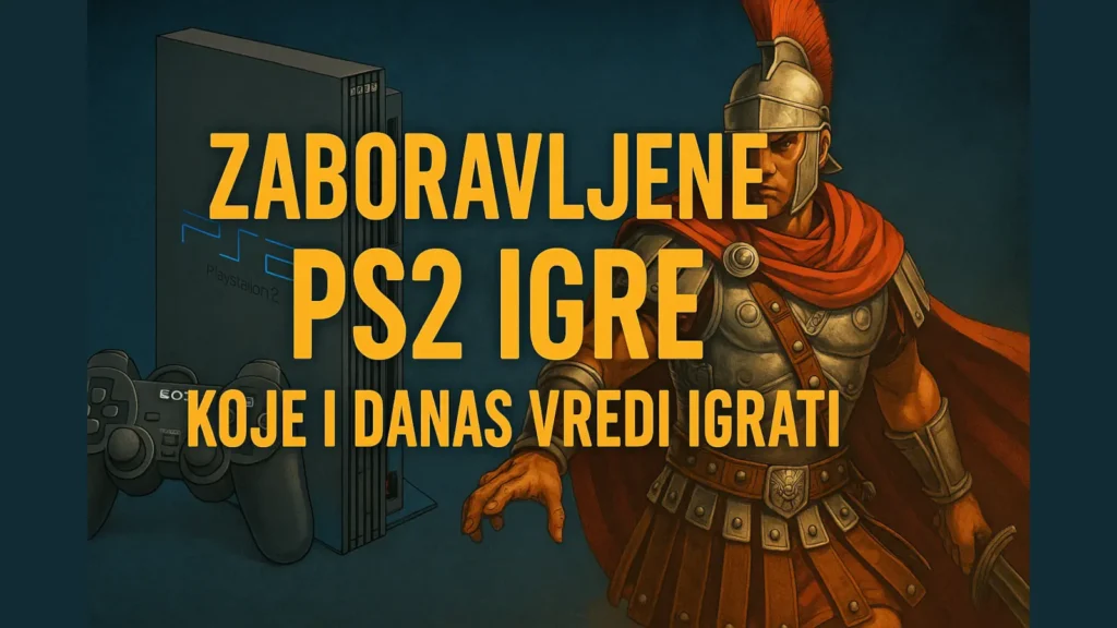 Ilustracija PlayStation 2 konzole i gladijatora iz igre Shadow of Rome uz natpis „Zaboravljene PS2 igre koje i danas vredi igrati