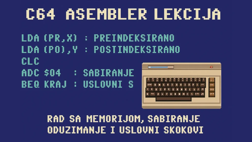 C64 asembler lekcija – preindeksirano i postindeksirano adresiranje, sabiranje, oduzimanje i uslovni skokovi