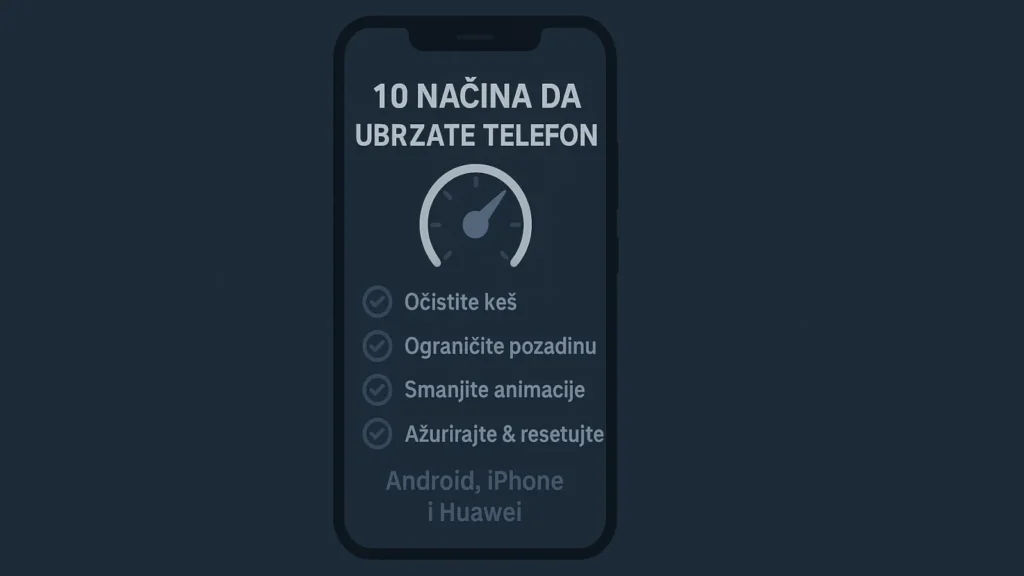 Ilustracija sa telefonom i brzinomerom – 10 načina za ubrzanje Android, iPhone i Huawei uređaja