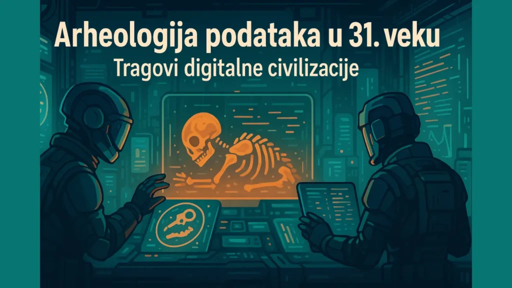 Futuristički arheolozi analiziraju digitalne podatke; naslov „Arheologija podataka u 31. veku“ čitljiv u kadru (16:9).