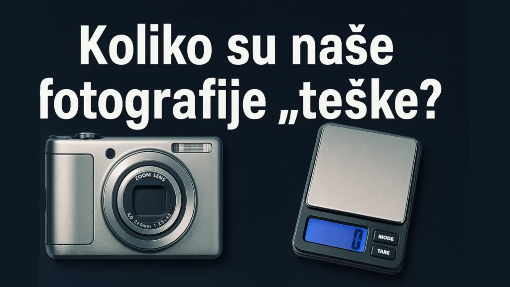 Ilustracija digitalnog fotoaparata i vage sa natpisom „Koliko su naše fotografije teške?
