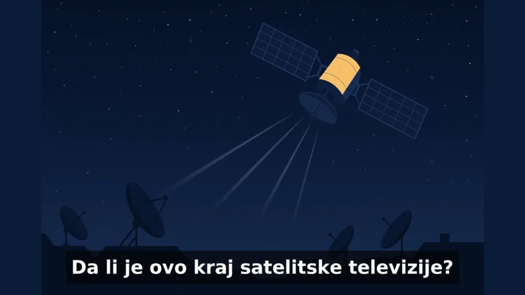 Tamno zvezdano nebo sa GEO satelitom i signalnim zracima ka Zemlji, ispod krovova sa paraboličnim antenama, sa natpisom 'Da li je ovo kraj satelitske televizije?