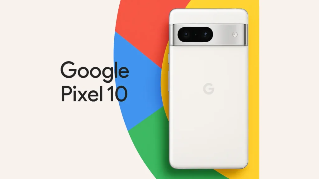 3D prikaz Google Pixel 10 telefona sa mat belom pozadinom, postavljen preko šarene pozadine u Google bojama (plava, crvena, žuta, zelena), sa natpisom „Google Pixel 10“.