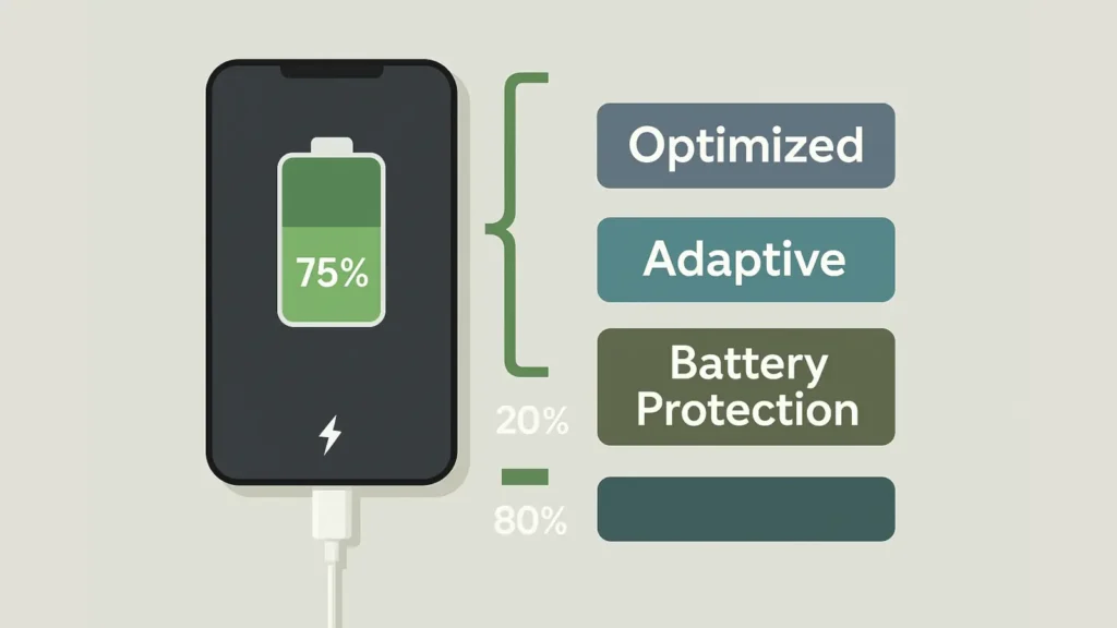 Ilustracija pravilnog punjenja baterije telefona – optimalni opseg 20–80% sa optimizovanim režimima
