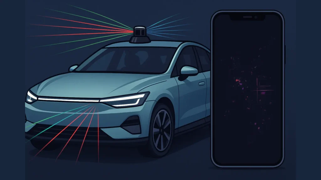 Električni automobil sa LiDAR senzorom i pametni telefon sa oštećenom kamerom