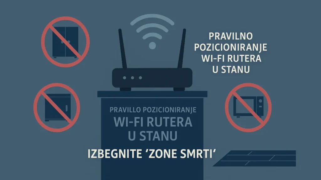 Ilustracija pravilnog pozicioniranja Wi-Fi rutera i izbegavanja „zona smrti“ u stanu