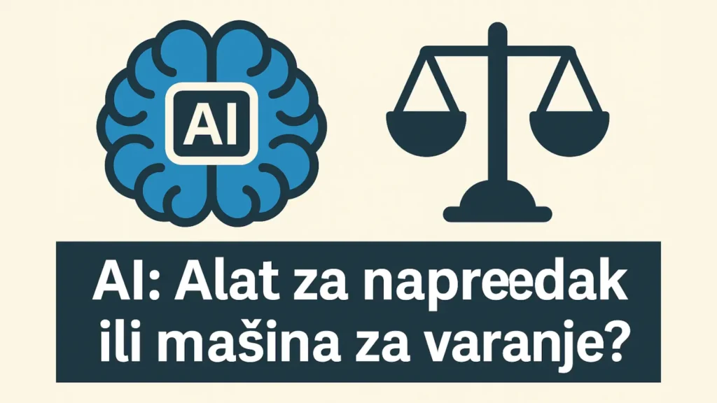 AI: Alat za napredak ili mašina za varanje – ilustracija sa vagom i simbolom mozga