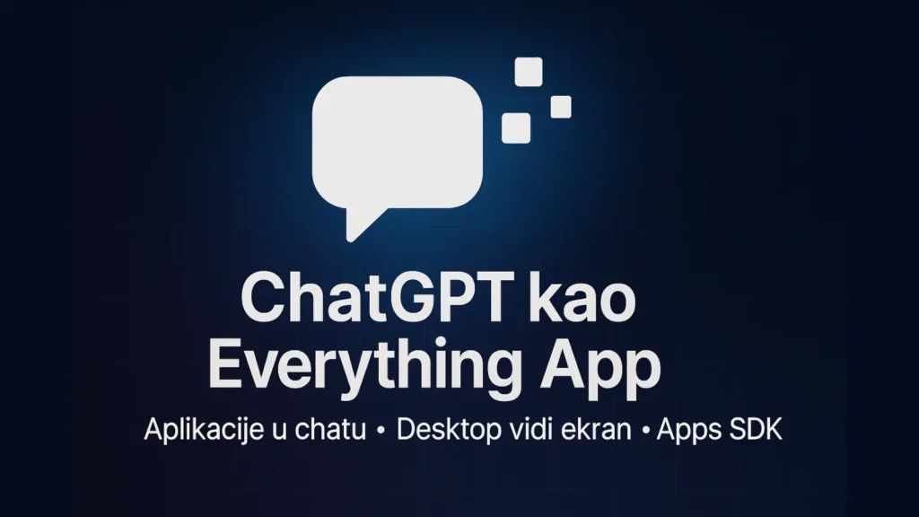ChatGPT kao Everything App – vizuel sa chat balonom i ikonama aplikacija, naslov na tamnoj pozadini