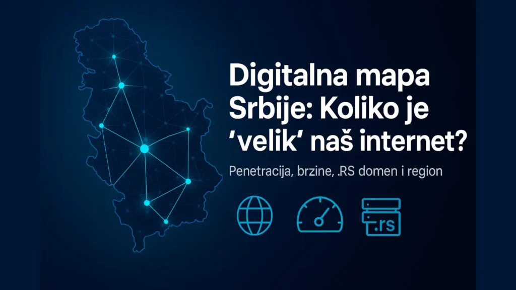 Digitalna mapa Srbije sa mrežnim čvorovima i naslovom: Koliko je velik naš internet