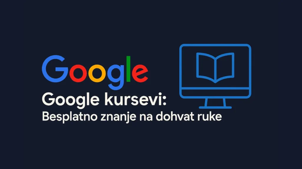 Google kursevi – ilustracija sa računarom, otvorenom knjigom i tekstom o besplatnom znanju