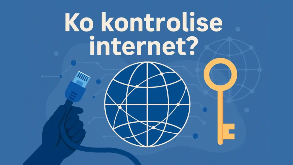 Ilustracija globusa povezanog mrežnim kablovima i digitalnim ključem, simbolizuje pitanje ko kontroliše internet.