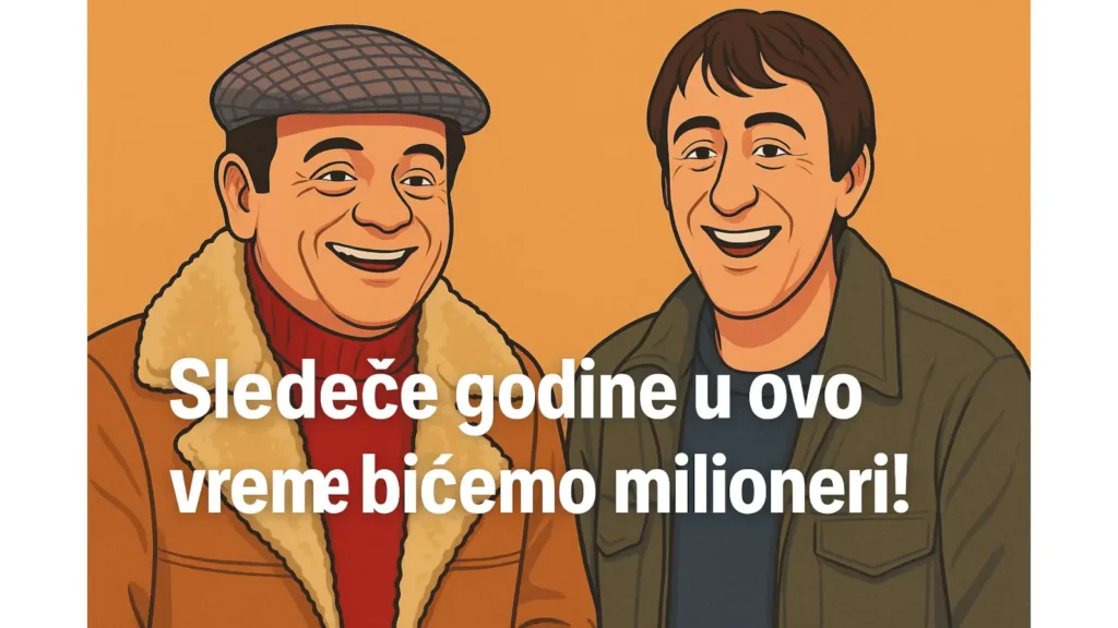 Ilustracija dvojice nasmejanih muškaraca u stilu likova Del Boja i Rodnija iz serije „Mućke“, uz natpis „Sledeće godine u ovo vreme bićemo milioneri!“, u toplim tonovima 80-ih.