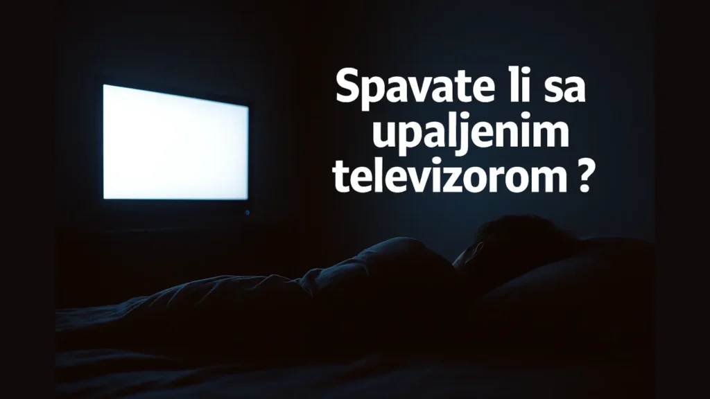 amna spavaća soba osvetljena plavkastim sjajem televizora dok osoba spava, a mačka posmatra ekran.