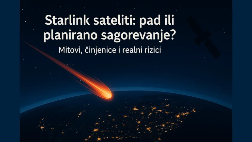 Starlink reulazak: ilustracija sagorevanja satelita u atmosferi iznad noćne Zemlje, sa diskretnim tragom i edukativnim tonom.