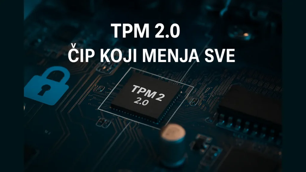 TPM 2.0 čip na matičnoj ploči sa natpisom „Čip koji menja sve“ – ilustracija za prelazak na Windows 11.