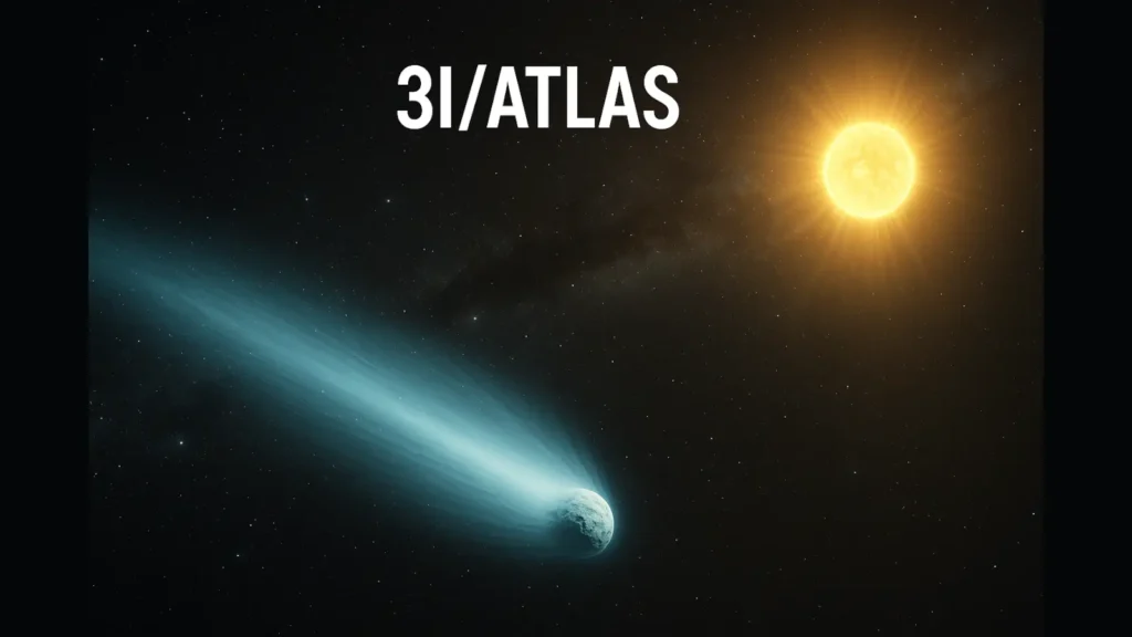 Međuzvezdani komet 3I/ATLAS u prolazu pored Sunca, svetleći plavo-zeleni rep u svemiru