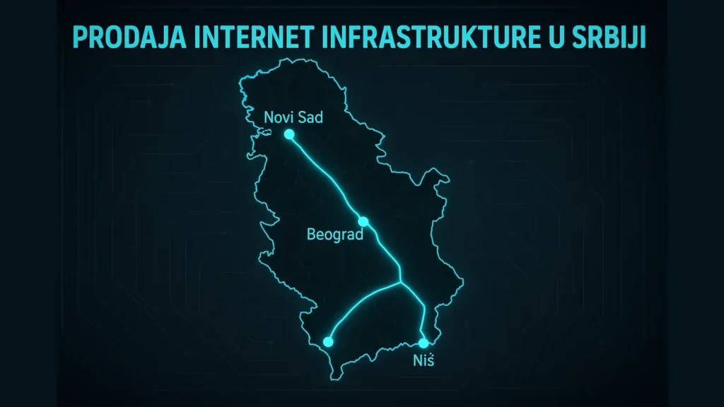 Mapa Srbije sa označenim magistralnim optičkim rutama Novi Sad – Beograd – Niš i graničnim pravcima (tema: EXA Infrastructure)