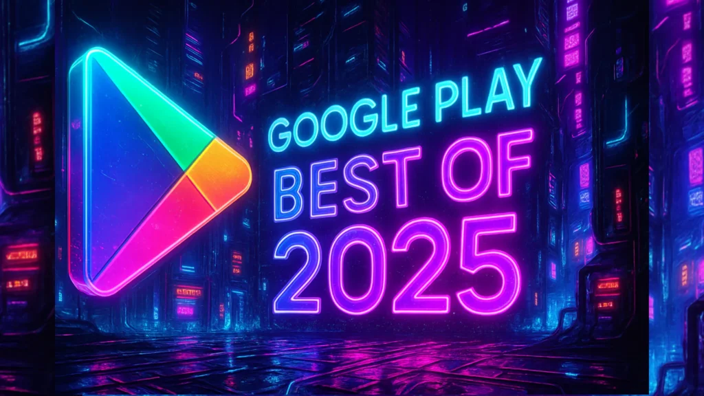 Cyberpunk gradski pejzaž sa neon Google Play simbolom i natpisom „Google Play Best of 2025“ u jarkim bojama