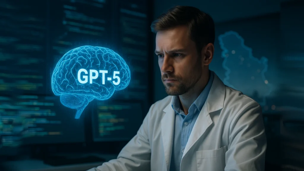 Istraživač u laboratoriji posmatra hologramski mozak sa natpisom GPT-5 ispred stilizovane mape Srbije
