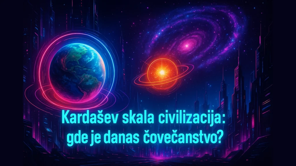 Kardašev skala civilizacija prikazana kroz futurističku planetu, zvezdu i galaksiju u neon cyberpunk stilu