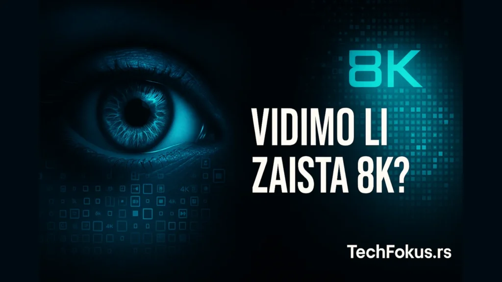 Ilustracija ljudskog oka i 8K piksela uz tekst „Vidimo li zaista 8K?“