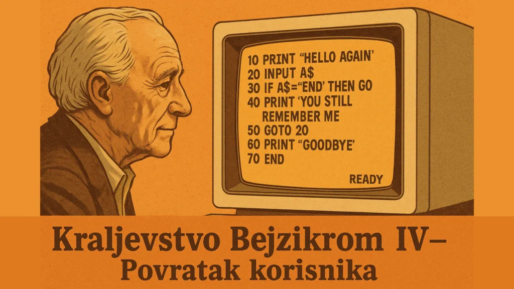 Stariji čovek u retro ilustraciji gleda u stari računar sa BASIC kodom na ekranu, naslov Kraljevstvo Bejzikroma IV – Povratak korisnika