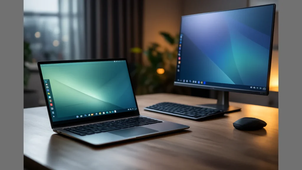 Moderni radni sto sa laptopom i monitorom na kojima su prikazane radne površine Linux Mint i Zorin OS kao alternative za Windows