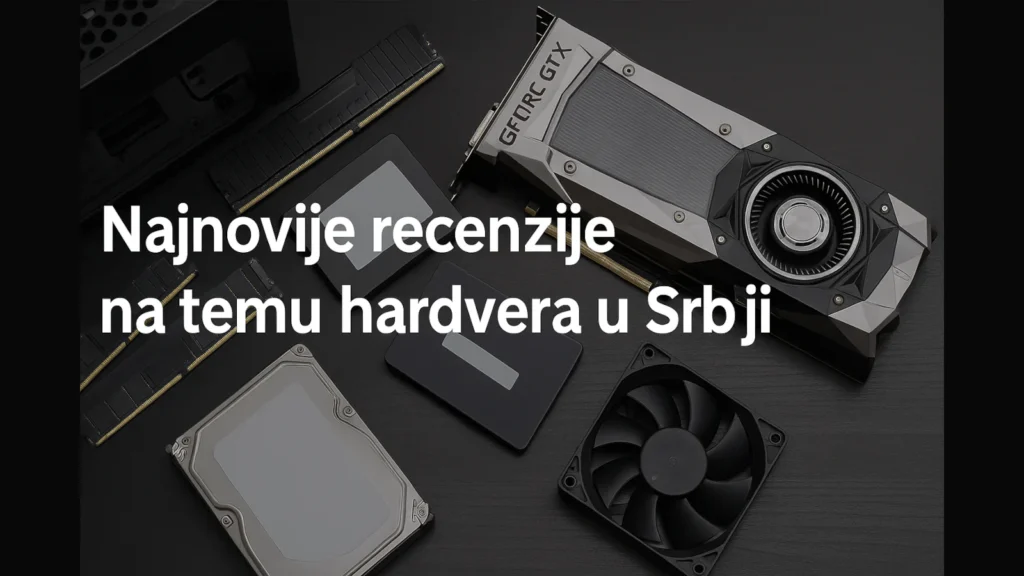 Stol sa komponentama računarskog hardvera – grafička karta, SSD, HDD, RAM i ventilator uz tekst Najnovije recenzije na temu hardvera u Srbiji