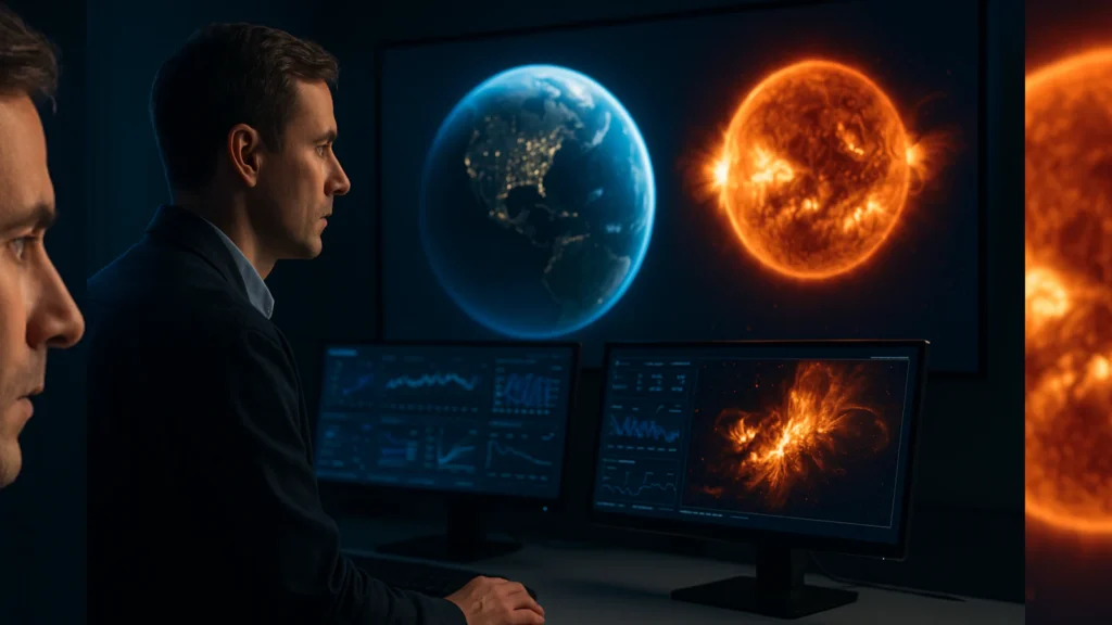 Svemirski meteorolog posmatra Zemlju i Sunce na monitorima u kontrolnoj sobi za svemirsko vreme.