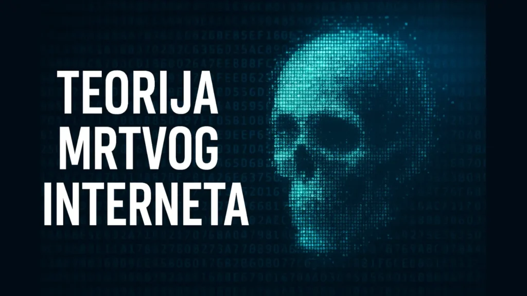 Digitalna ilustracija teorije mrtvog interneta – pikselizovana lobanja i plavi binarni kod u pozadini