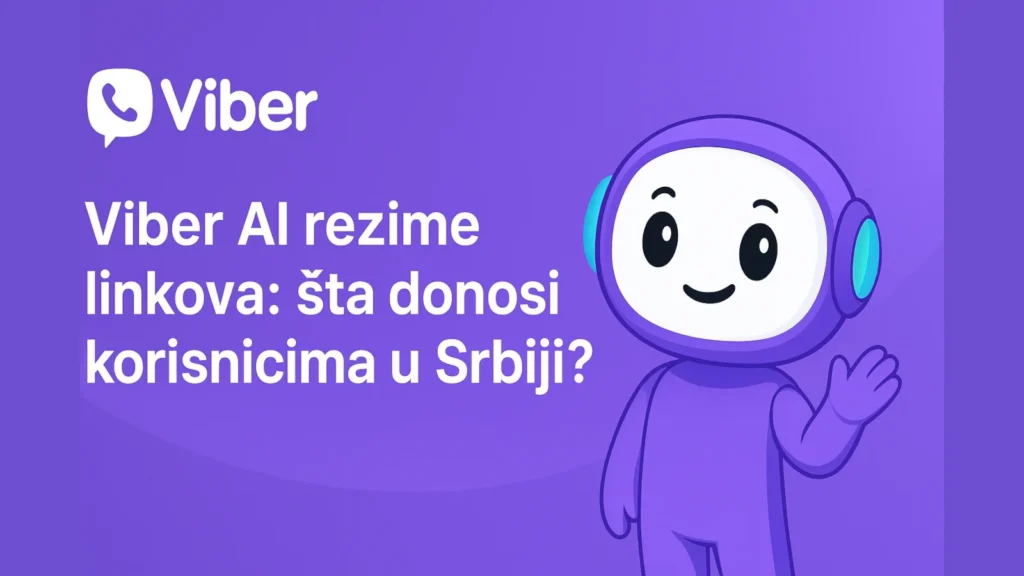 Viber AI rezime linkova sa ljubičastom pozadinom i AI maskotom za korisnike u Srbiji