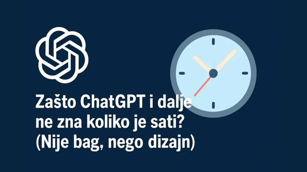 Zašto ChatGPT i dalje ne zna koliko je sati – ilustracija sa logom i stilizovanim satom