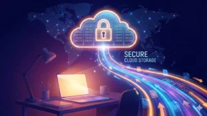Digitalna ilustracija prenosa podataka sa laptopa u siguran Cloud (oblak). Prikazuje snop svetlosti koji povezuje računar sa ikonicom oblaka koja ima katanac, simbolizujući bezbedno čuvanje offsite kopije i natpis "SECURE CLOUD STORAGE".