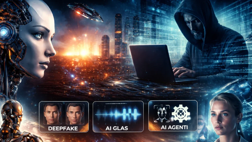 Futuristička ilustracija robota i hakera za laptopom, tema: AI u filmovima naspram realnosti 2025.